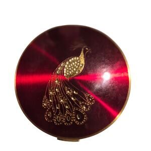 Vintage Stratton England Peacock Makeup Compact Red Lucite Hand Engraved